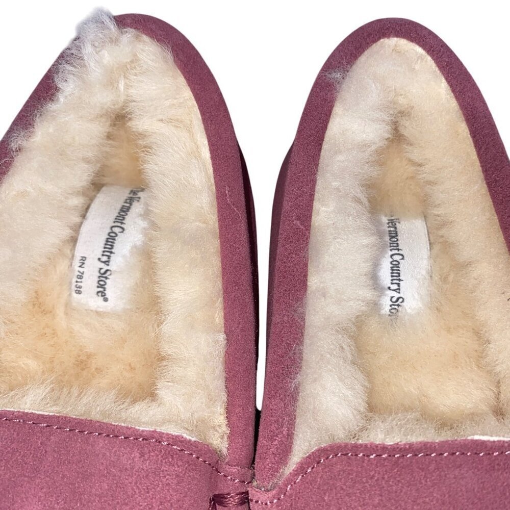 The Vermont Country Store mauve cow suede slip on moccasins shearling lined 8 - Picture 3 of 11